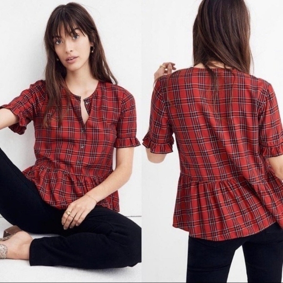 MADEWELL Red Plaid Ruffled Top. Button up. Ladies Size Medium. - Picture 1 of 15